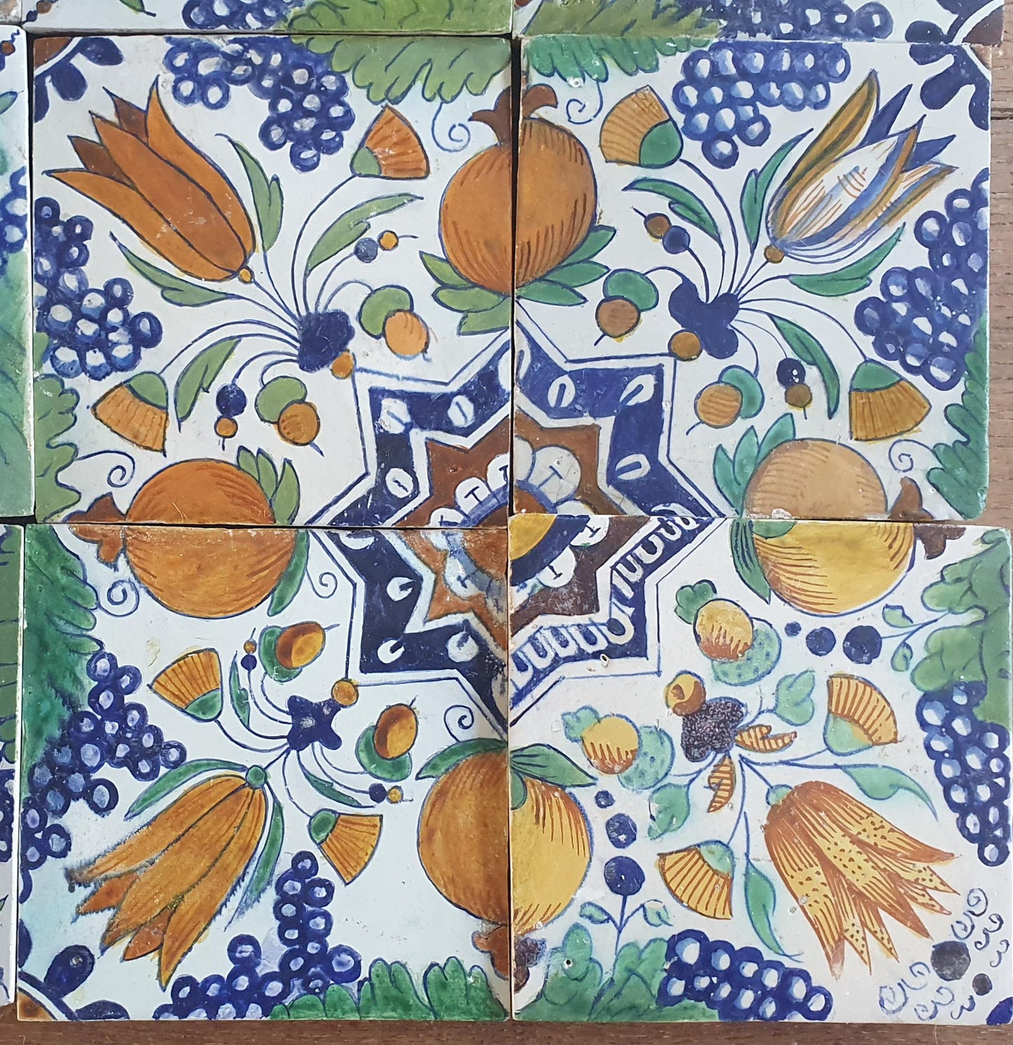 16 x Antique Delft Ornament with grape and pomegranate Tiles, 17th Century Dutch Wall Decor.