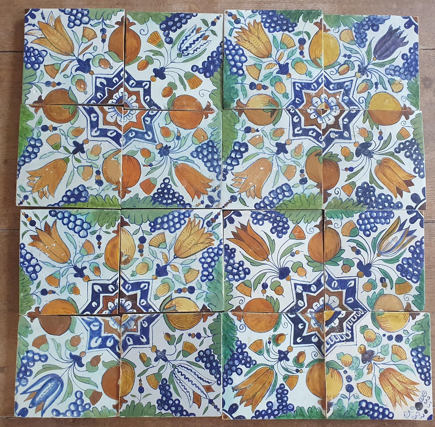 16 x Antique Delft Ornament with grape and pomegranate Tiles, 17th Century Dutch Wall Decor.