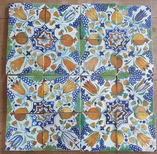 16 x Antique Delft Ornament with grape and pomegranate Tiles, 17th Century Dutch Wall Decor.