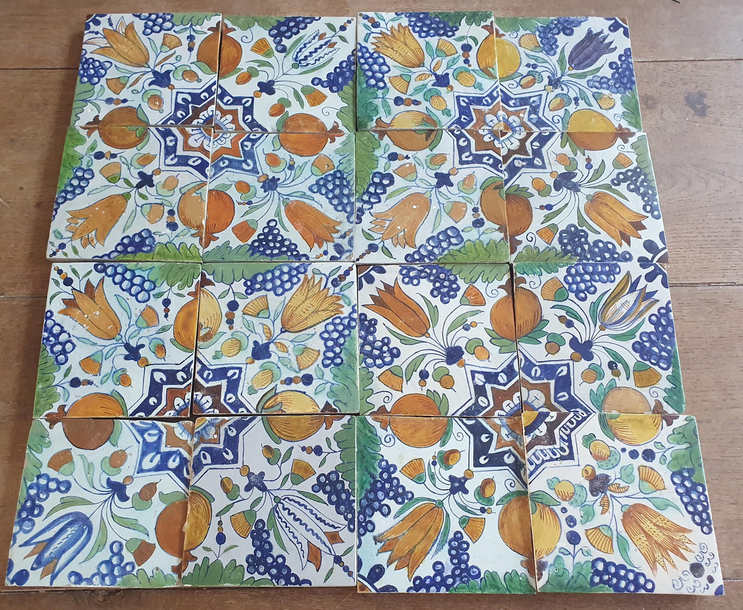 16 x Antique Delft Ornament with grape and pomegranate Tiles, 17th Century Dutch Wall Decor.