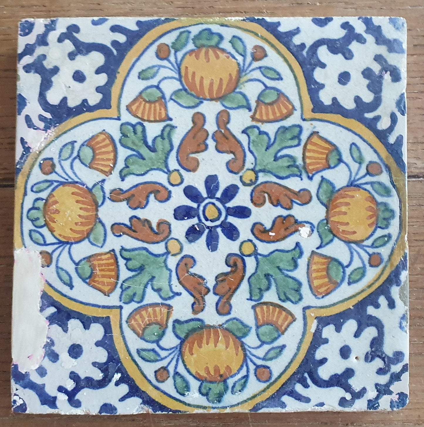 4 x Antique Delft Ornament Tiles, 17th Century Dutch Wall Decor.
