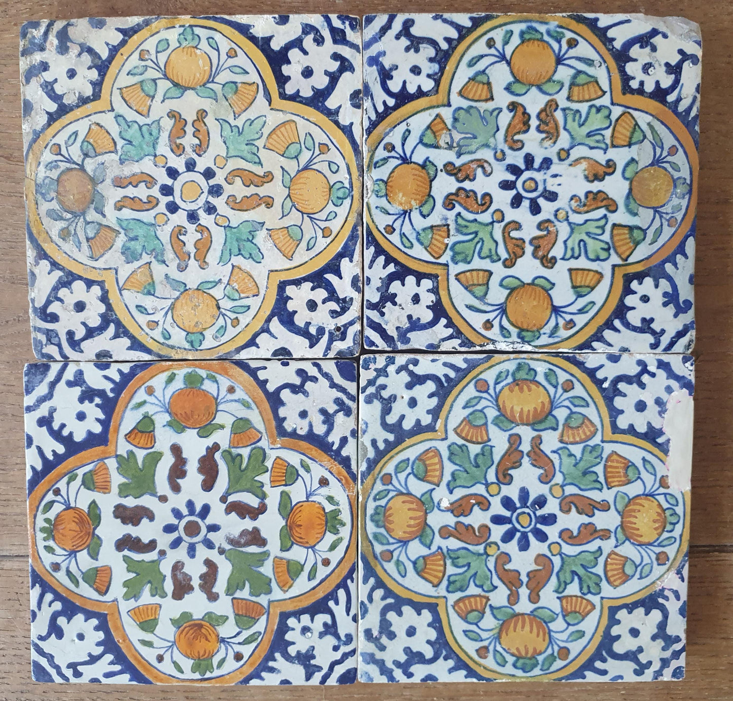 4 x Antique Delft Ornament Tiles, 17th Century Dutch Wall Decor.