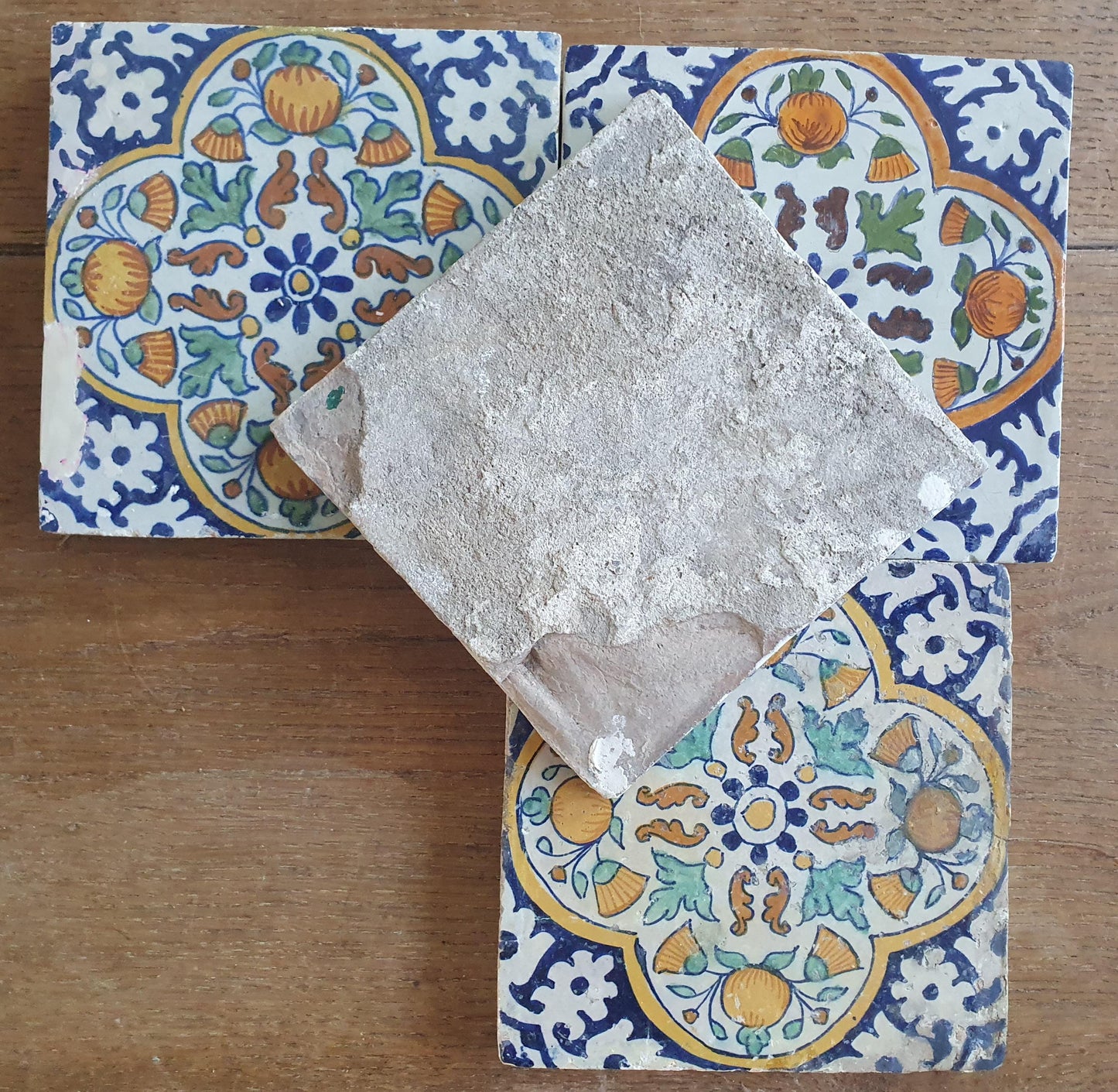 4 x Antique Delft Ornament Tiles, 17th Century Dutch Wall Decor.