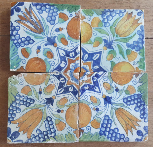 4 x Antique Delft Ornament Tiles, 17th Century Dutch Wall Decor.