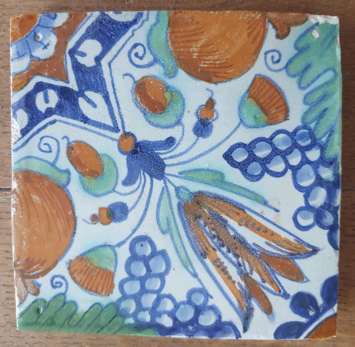 4 x Antique Delft Ornament Tiles, 17th Century Dutch Wall Decor.