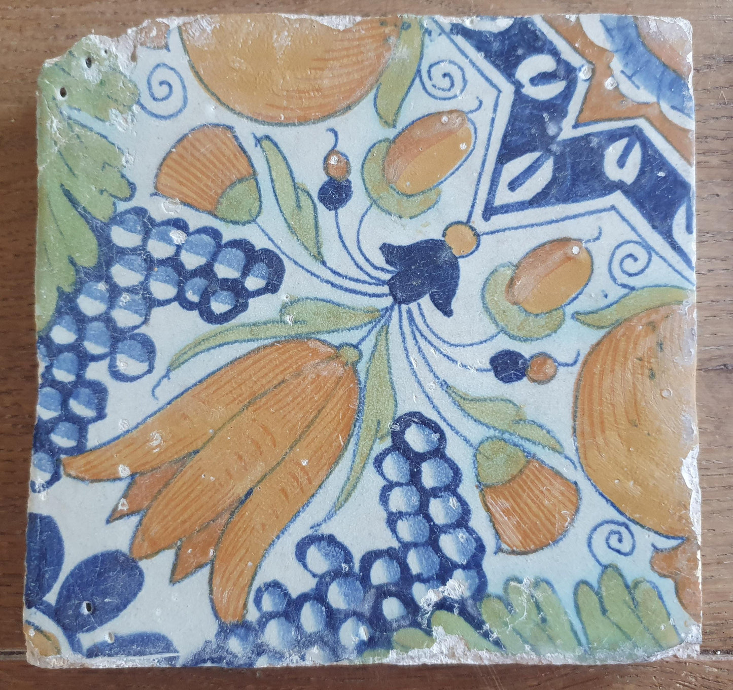 4 x Antique Delft Ornament Tiles, 17th Century Dutch Wall Decor.