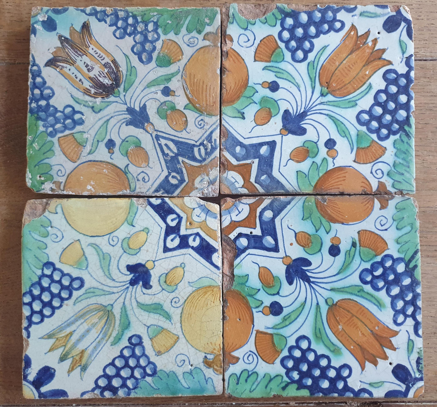 4 x Antique Delft Ornament Tiles, 17th Century Dutch Wall Decor.