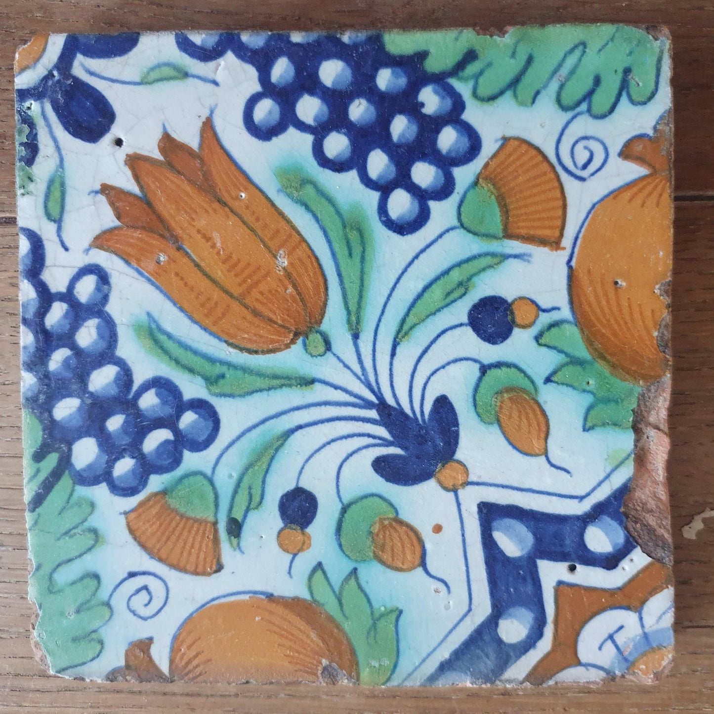 4 x Antique Delft Ornament Tiles, 17th Century Dutch Wall Decor.