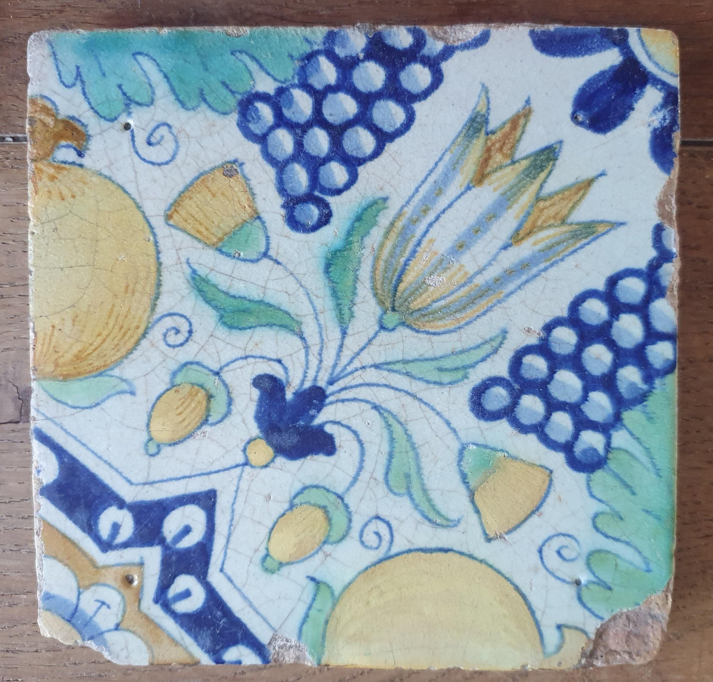 4 x Antique Delft Ornament Tiles, 17th Century Dutch Wall Decor.
