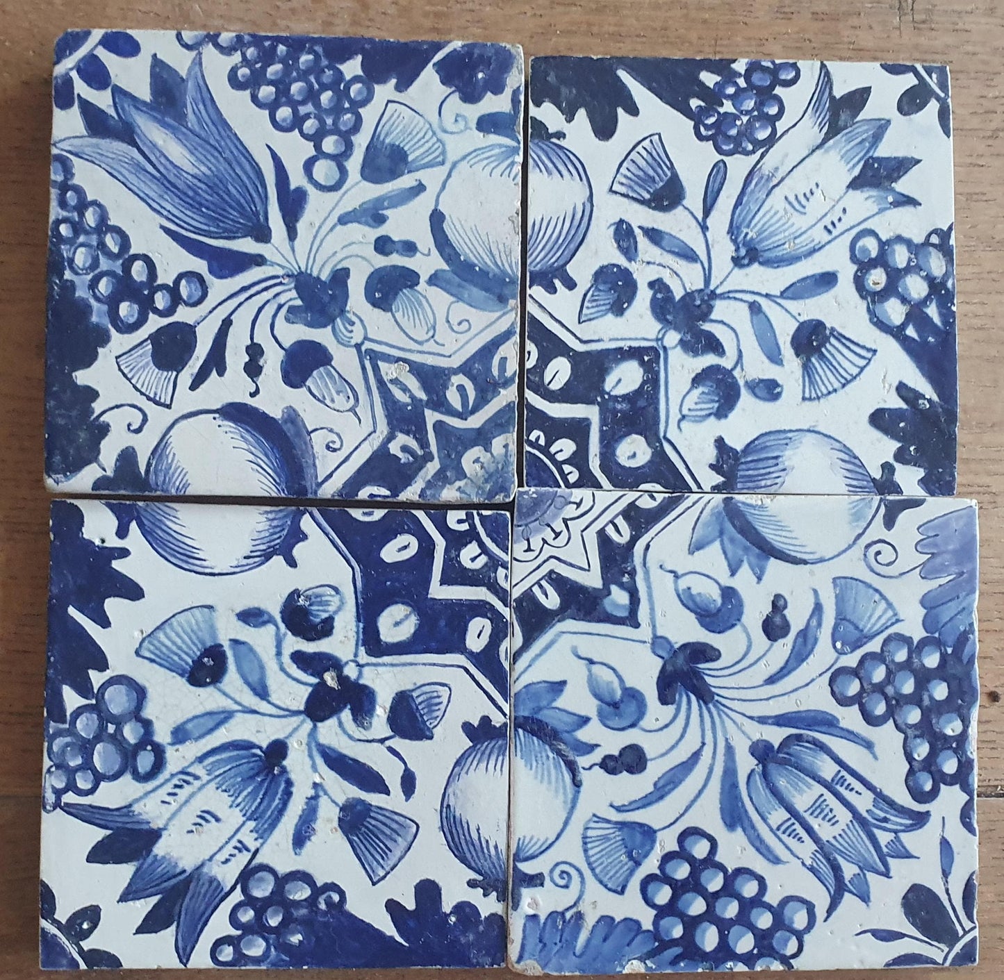 4 x Antique Delft Ornament Tiles, 17th Century Dutch Wall Decor.