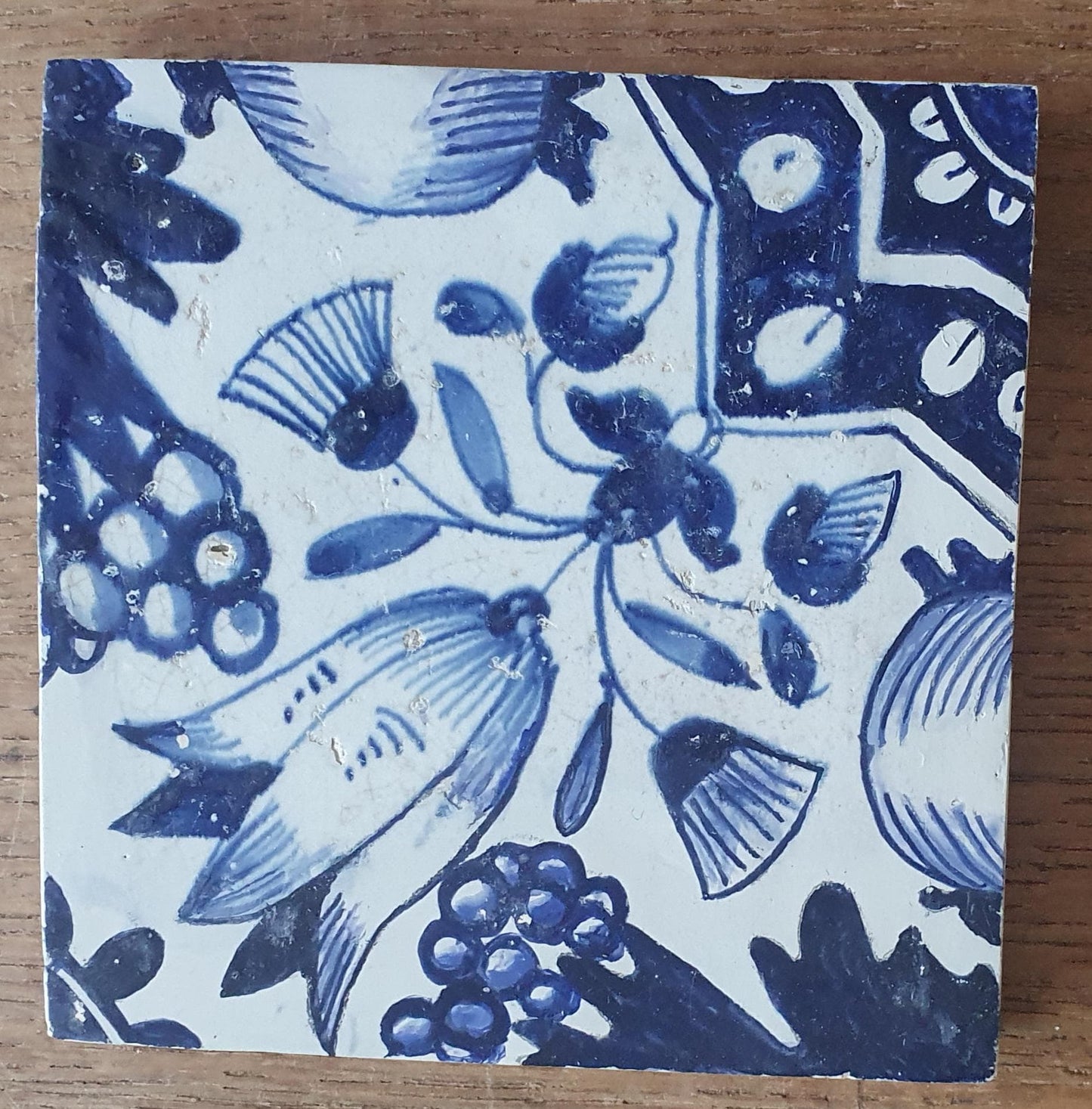 4 x Antique Delft Ornament Tiles, 17th Century Dutch Wall Decor.