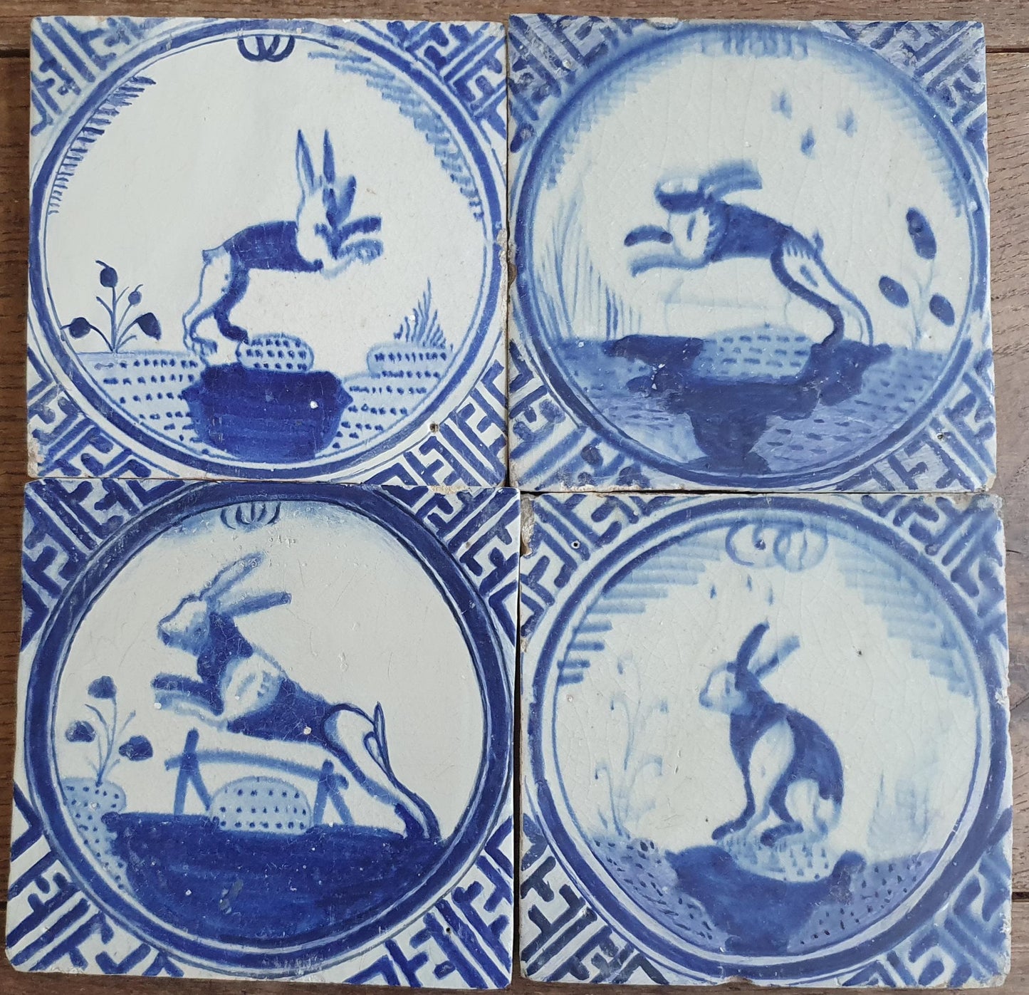 4 x Antique Rotterdam Crown Tiles, 17th Century Dutch Wall Decor.