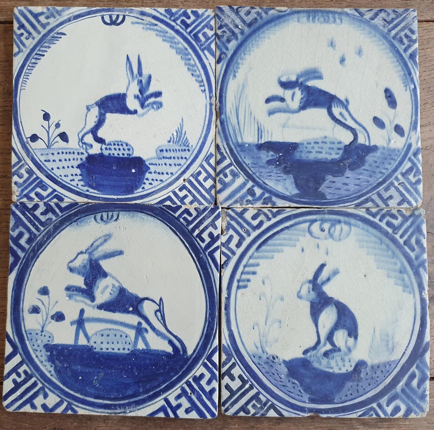 4 x Antique Rotterdam Crown Tiles, 17th Century Dutch Wall Decor.
