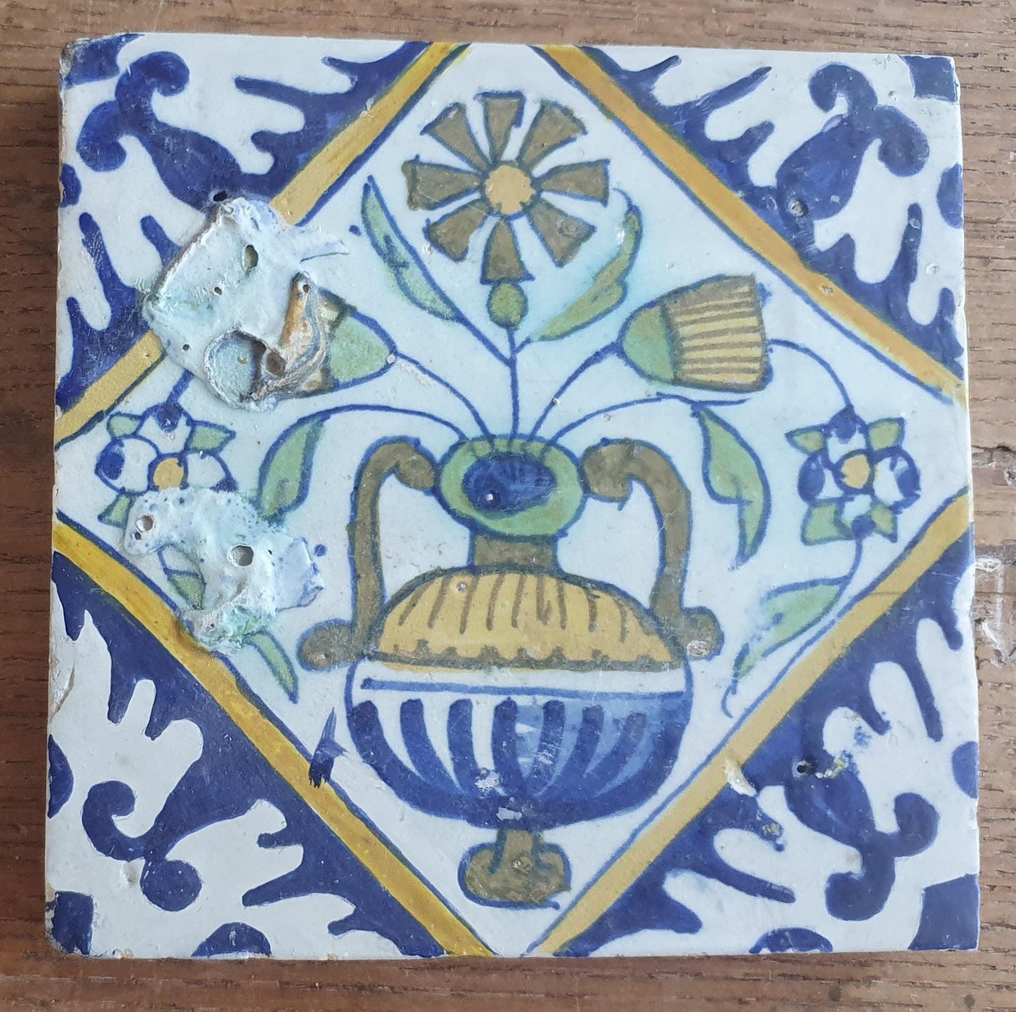 4 x Antique Delft flowers Tiles, 17th Century Dutch Wall Decor.