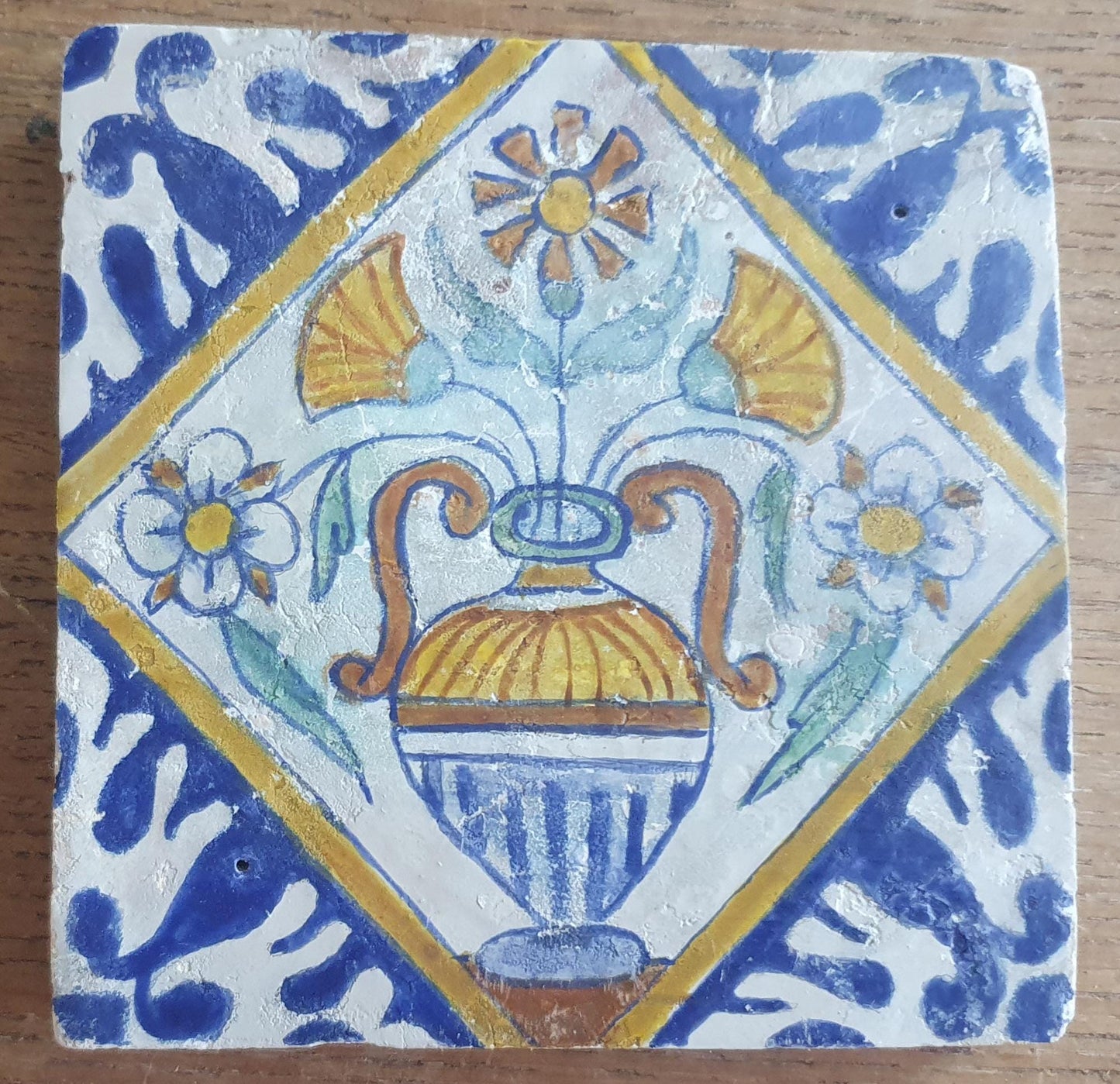 4 x Antique Delft flowers Tiles, 17th Century Dutch Wall Decor.
