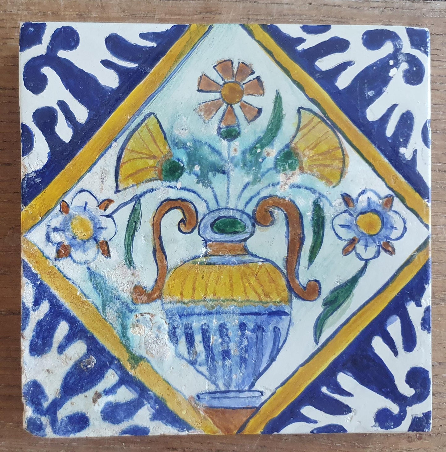 4 x Antique Delft flowers Tiles, 17th Century Dutch Wall Decor.