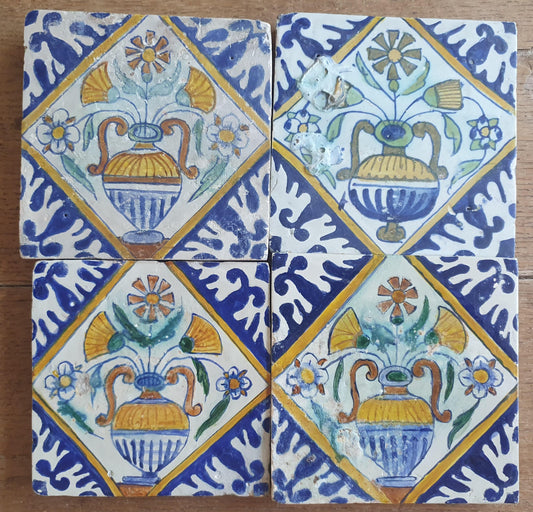4 x Antique Delft flowers Tiles, 17th Century Dutch Wall Decor.