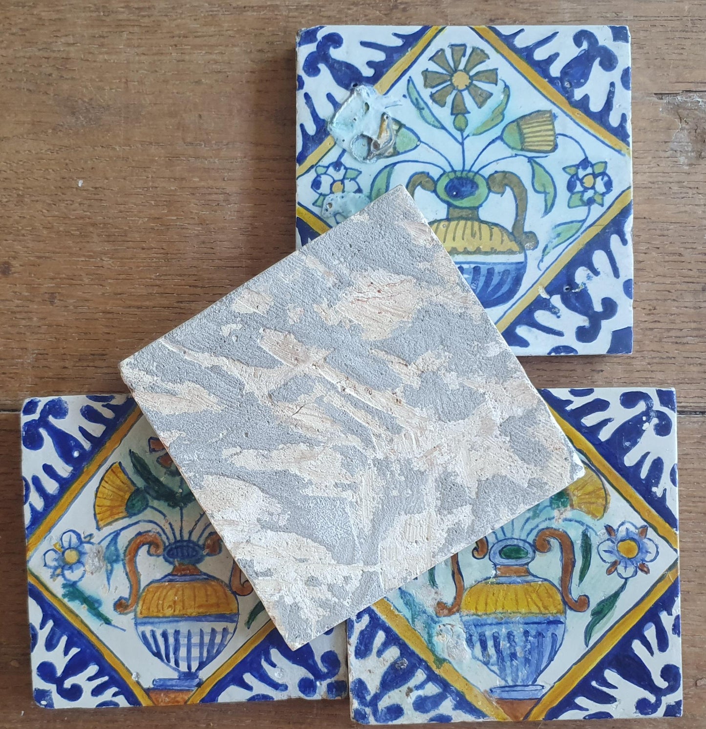4 x Antique Delft flowers Tiles, 17th Century Dutch Wall Decor.