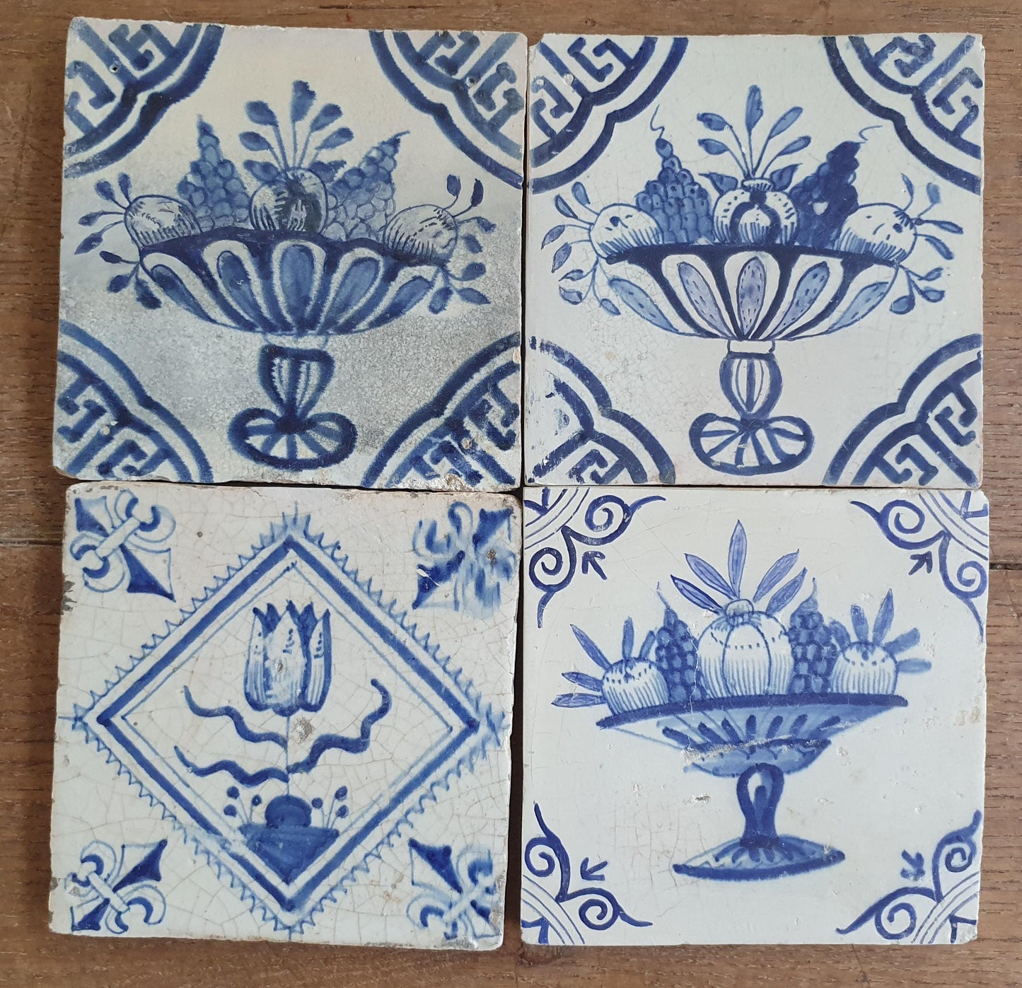 4 x Antique Delft Fruit Bowl Tiles, 17th Century Dutch Wall Decor.