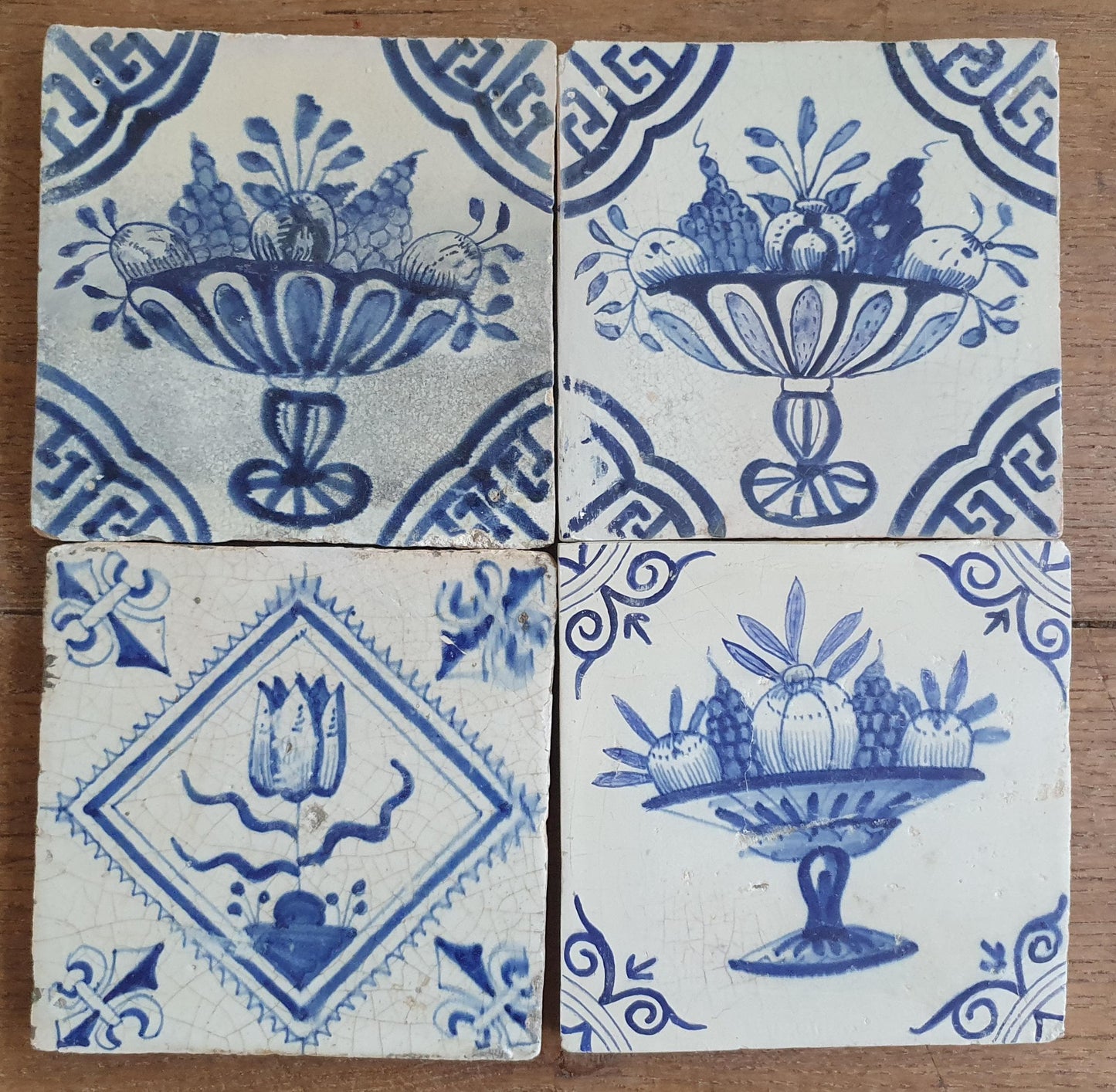 4 x Antique Delft Fruit Bowl Tiles, 17th Century Dutch Wall Decor.