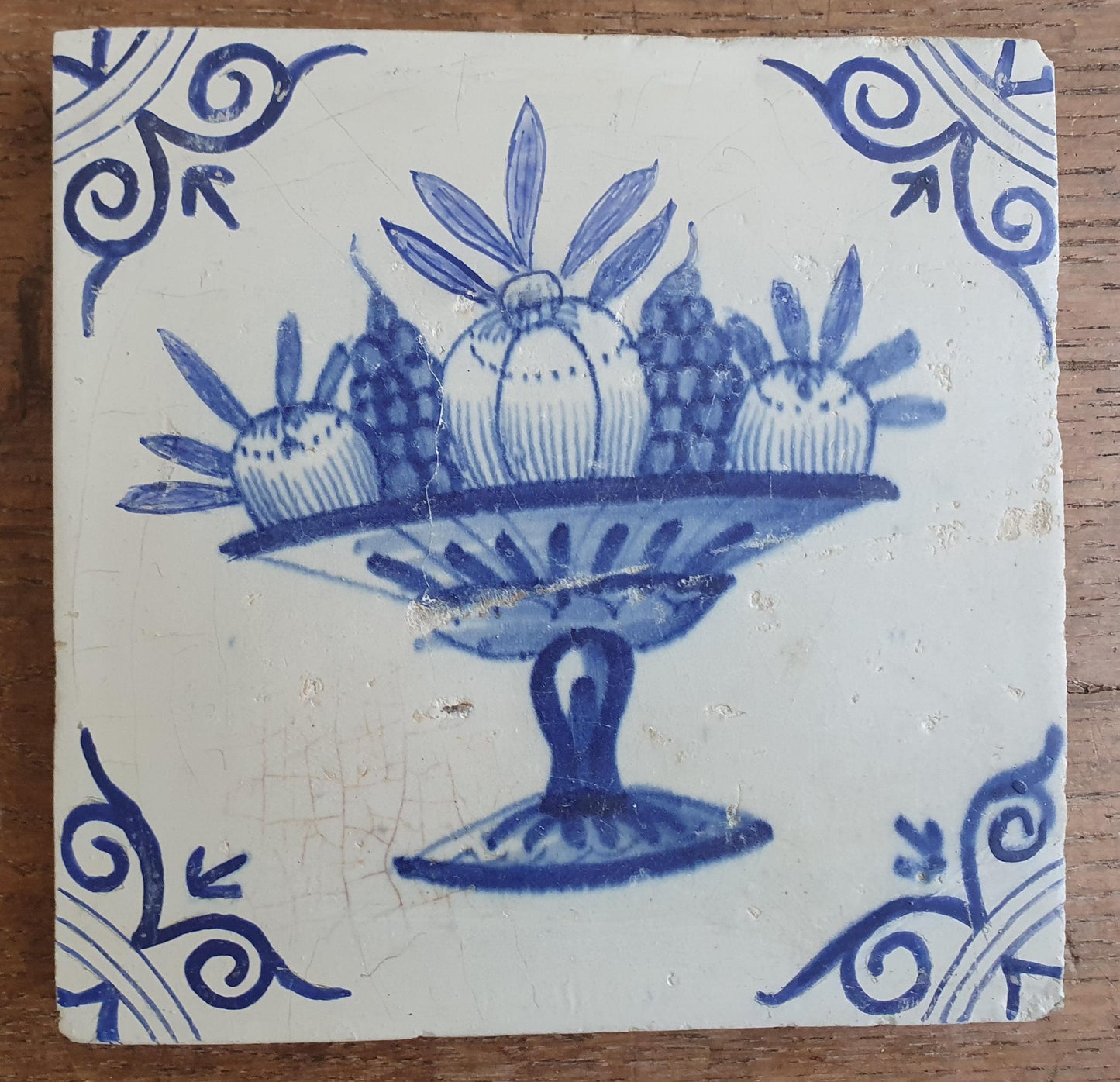 4 x Antique Delft Fruit Bowl Tiles, 17th Century Dutch Wall Decor.