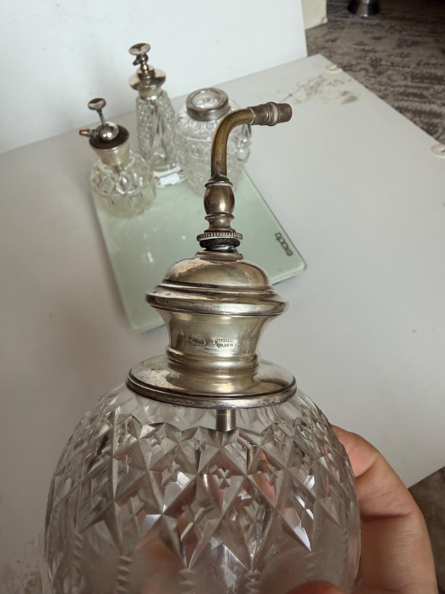 Antique Dressing Table Ensemble with Sterling Silver Mounted crystal