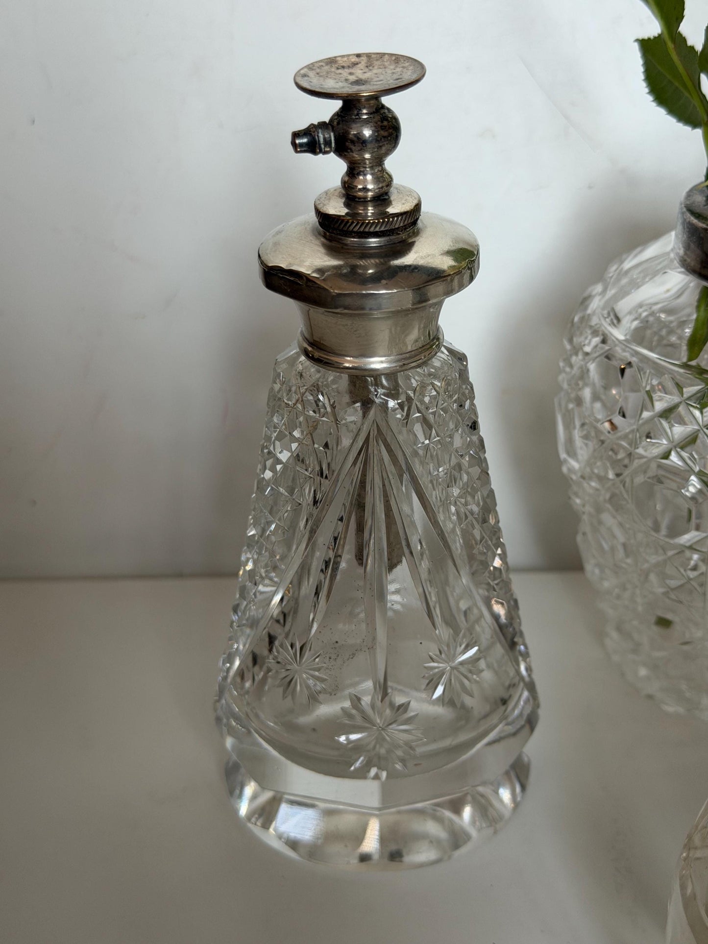 Antique Dressing Table Ensemble with Sterling Silver Mounted crystal