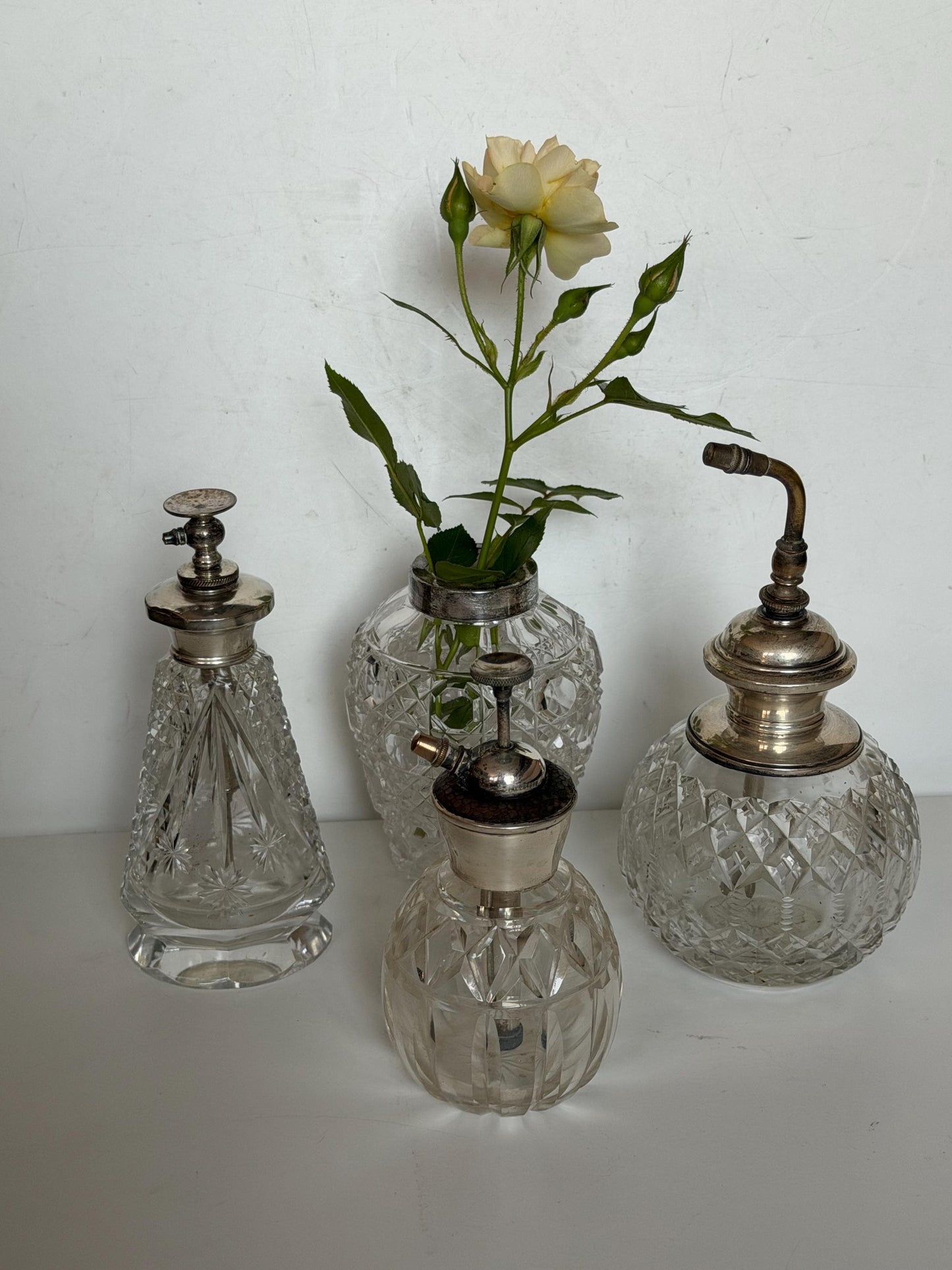 Antique Dressing Table Ensemble with Sterling Silver Mounted crystal