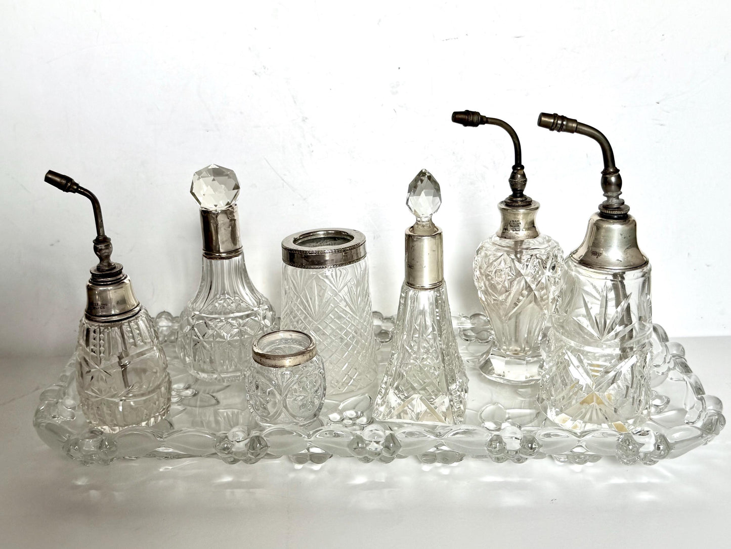 Antique Dressing Table Ensemble with Sterling Silver Mounted crystal, 8 piece victorian