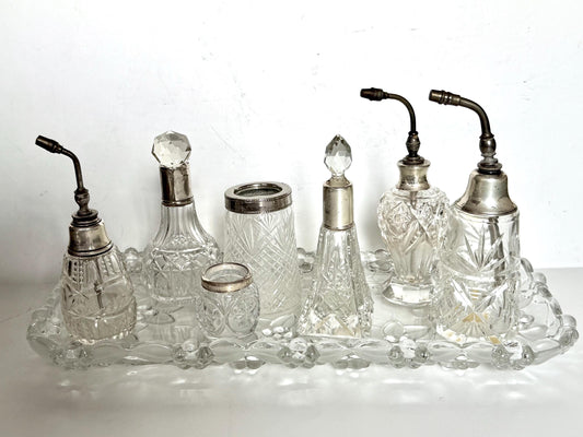 Antique Dressing Table Ensemble with Sterling Silver Mounted crystal, 8 piece victorian
