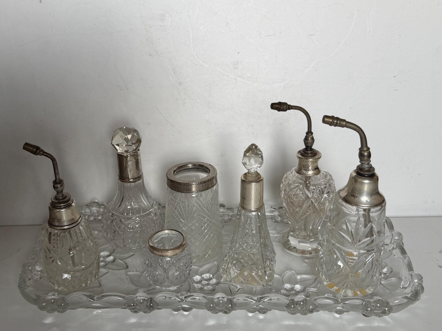 Antique Dressing Table Ensemble with Sterling Silver Mounted crystal, 8 piece victorian