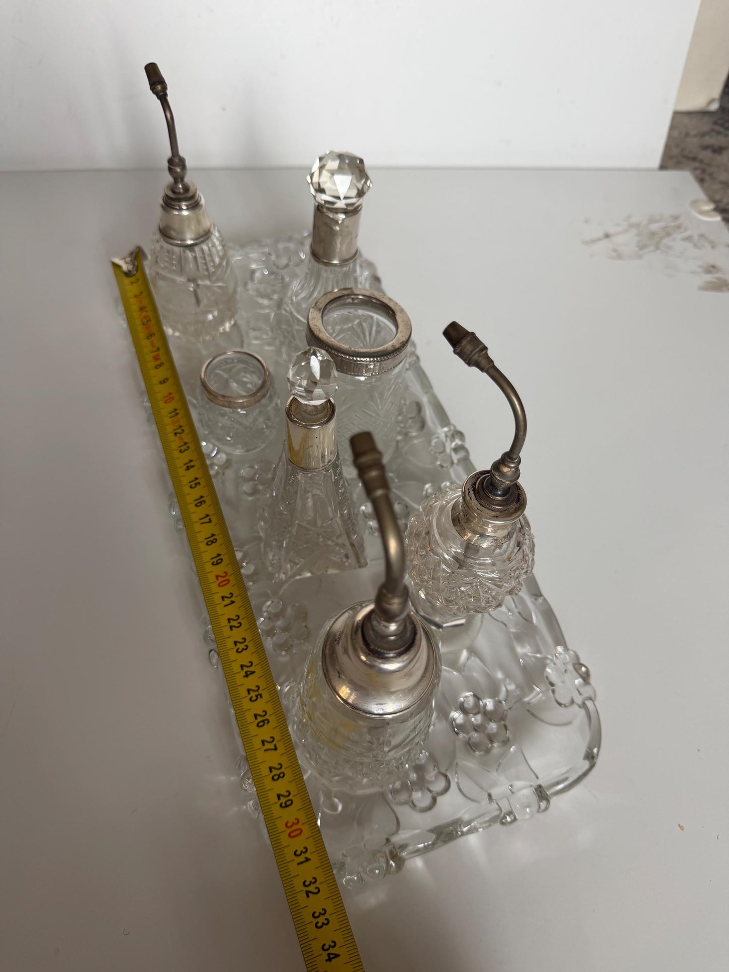 Antique Dressing Table Ensemble with Sterling Silver Mounted crystal, 8 piece victorian