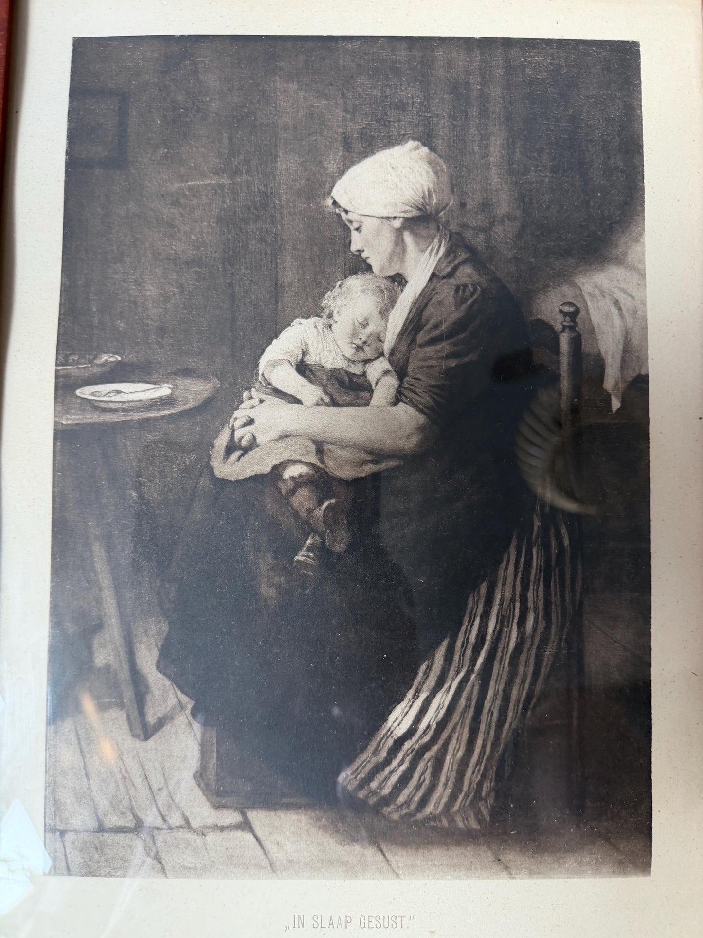 In slaap gesust’, amsterdam antique framed print with mother and child, ‘rocked to sleep’