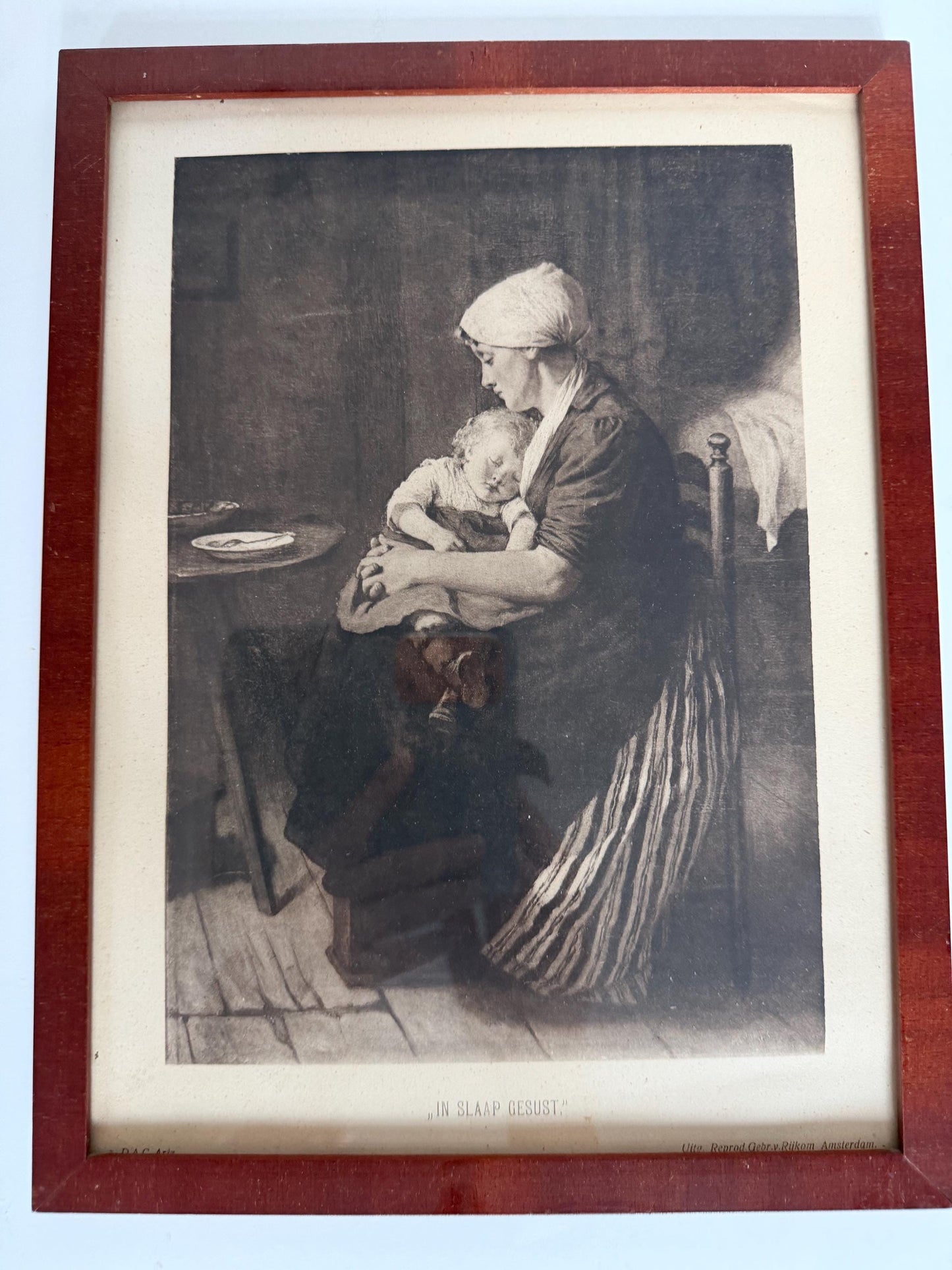 In slaap gesust’, amsterdam antique framed print with mother and child, ‘rocked to sleep’
