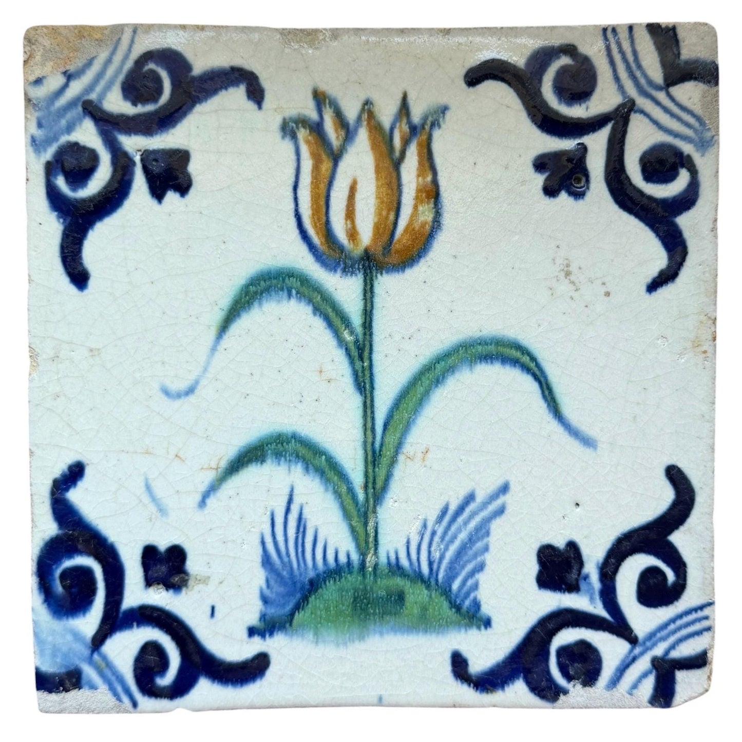 Antique Dutch Tile, Polychrome Tulip with large oxhead corner, fine collectable, Holland, 1625