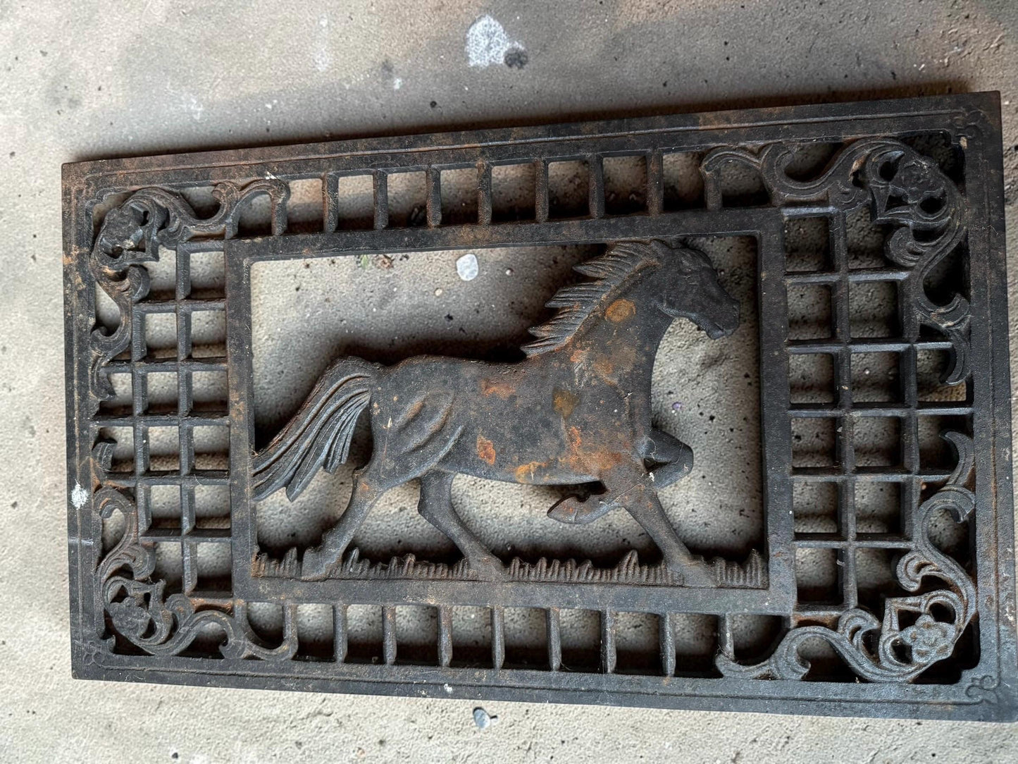 Antique Cast Iron Cellar Grate with Horse Motif, vintage salvage garden ornament