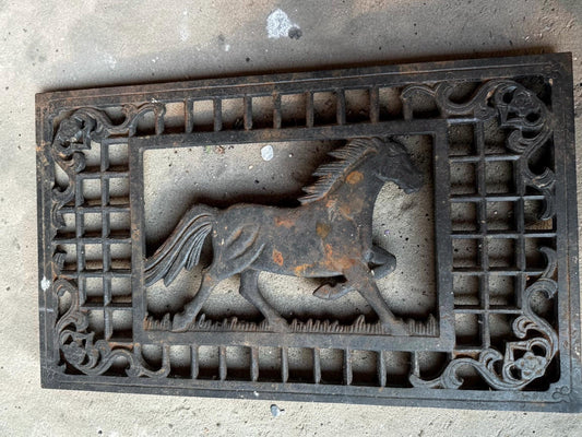 Antique Cast Iron Cellar Grate with Horse Motif, vintage salvage garden ornament