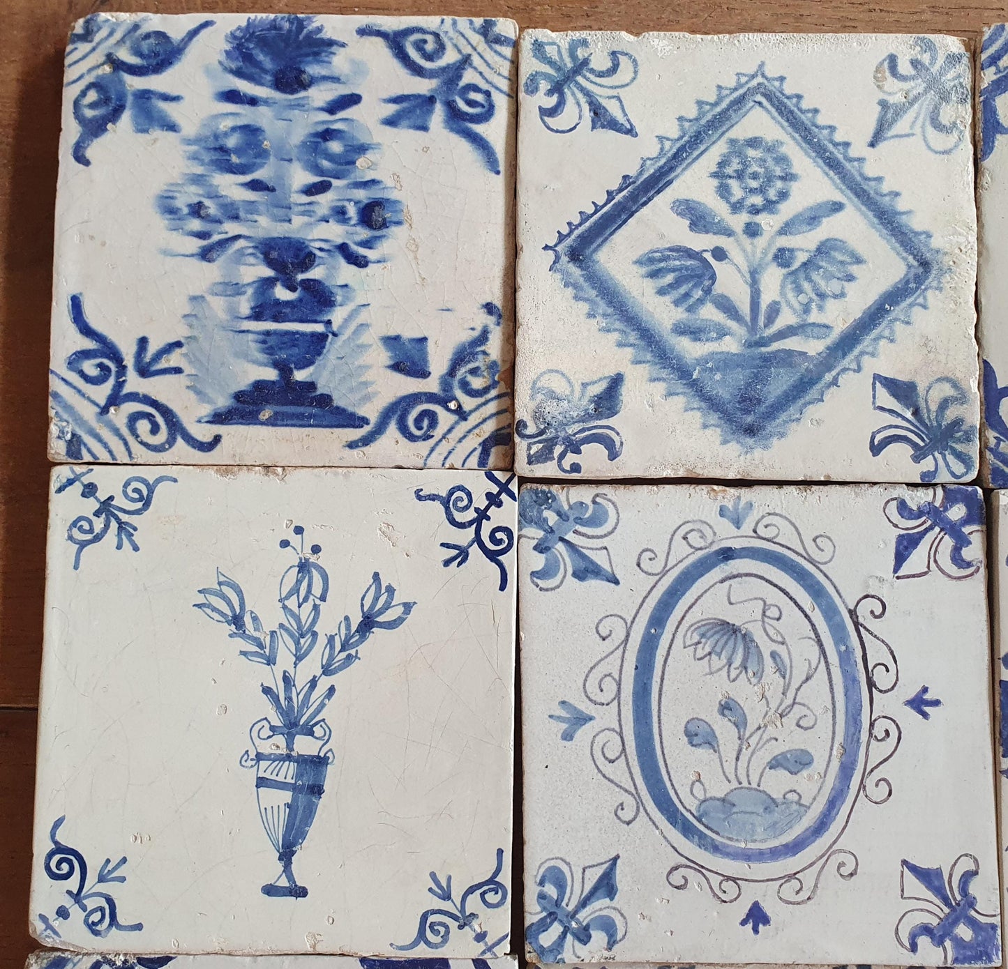 9 x Antique Delft flowers Tiles, 17th Century Dutch Wall Decor.