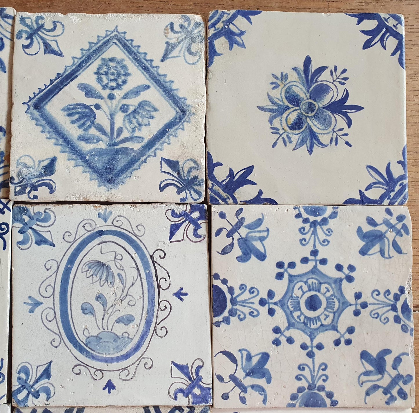 9 x Antique Delft flowers Tiles, 17th Century Dutch Wall Decor.