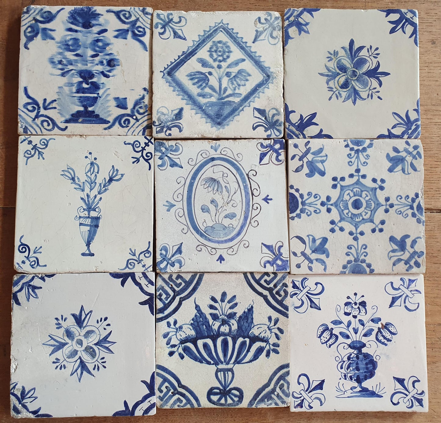 9 x Antique Delft flowers Tiles, 17th Century Dutch Wall Decor.
