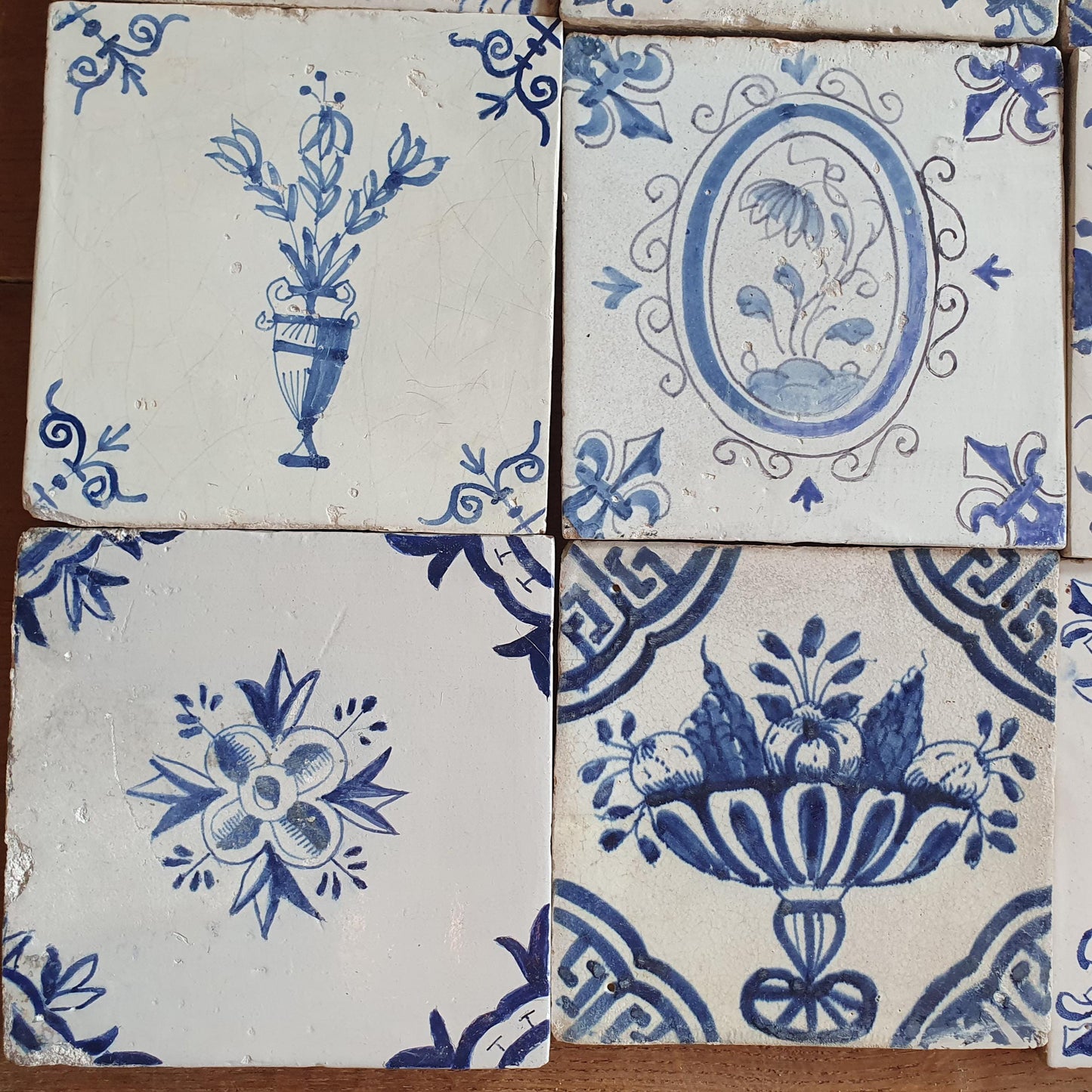 9 x Antique Delft flowers Tiles, 17th Century Dutch Wall Decor.