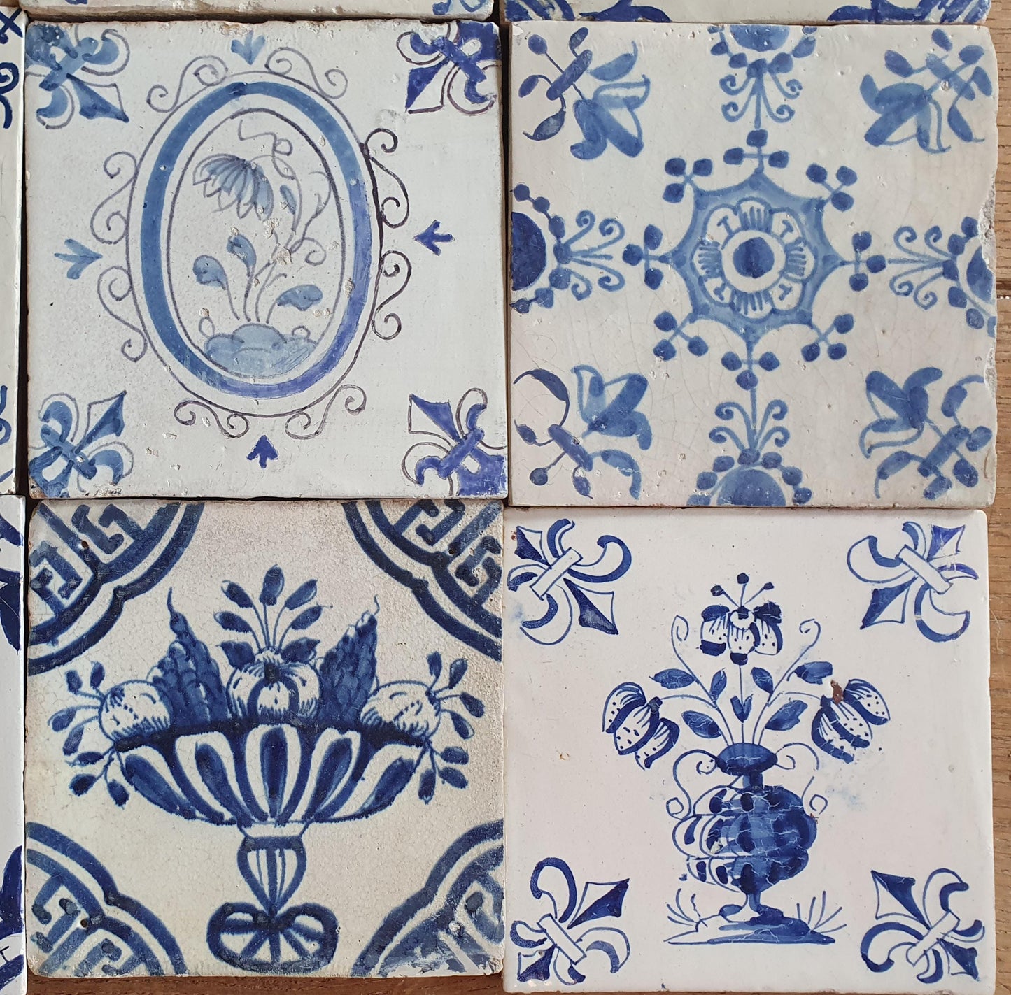 9 x Antique Delft flowers Tiles, 17th Century Dutch Wall Decor.