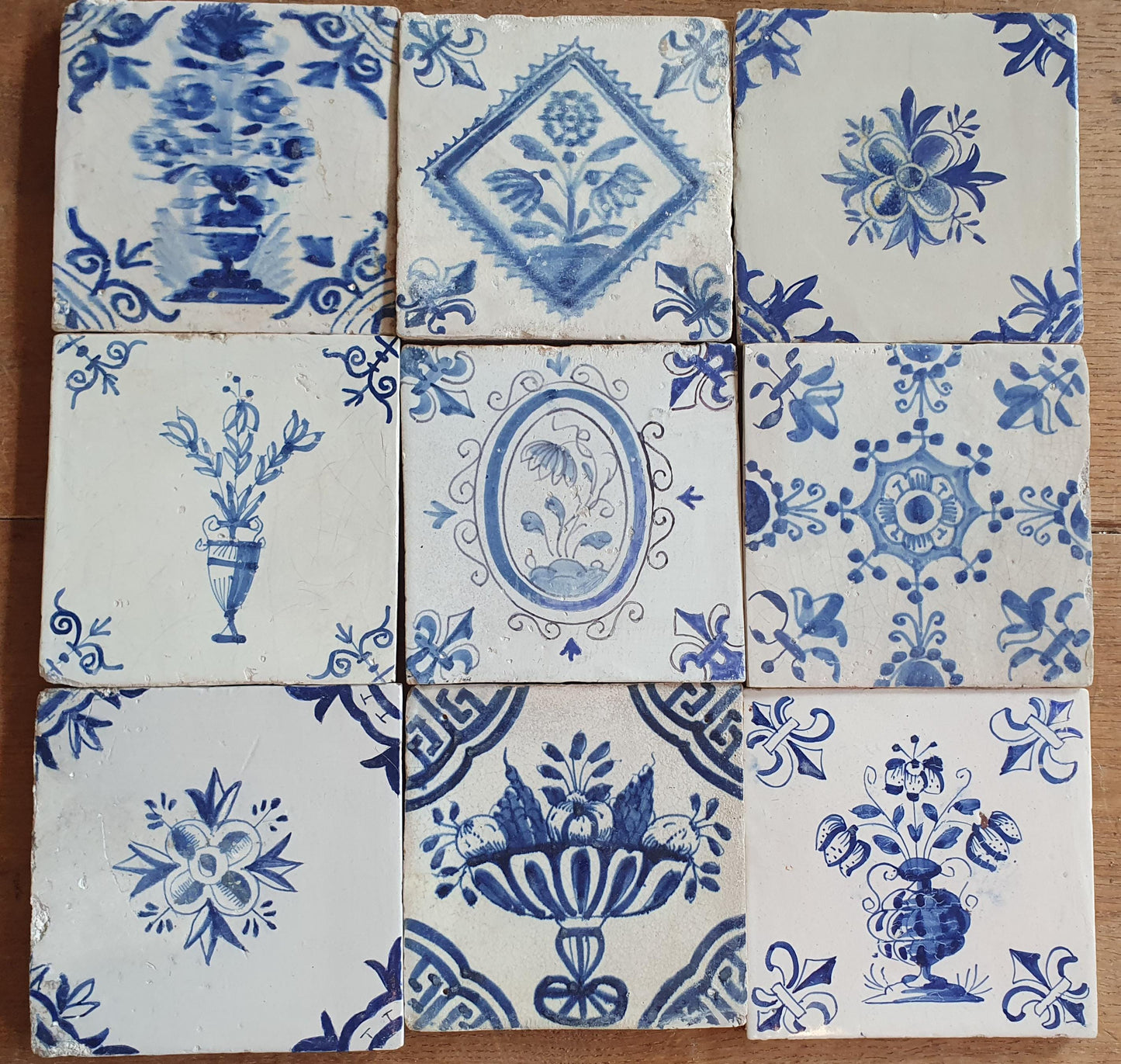 9 x Antique Delft flowers Tiles, 17th Century Dutch Wall Decor.