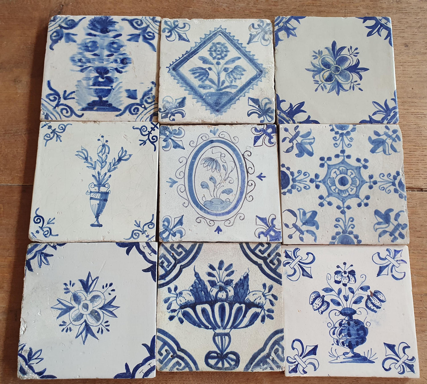 9 x Antique Delft flowers Tiles, 17th Century Dutch Wall Decor.