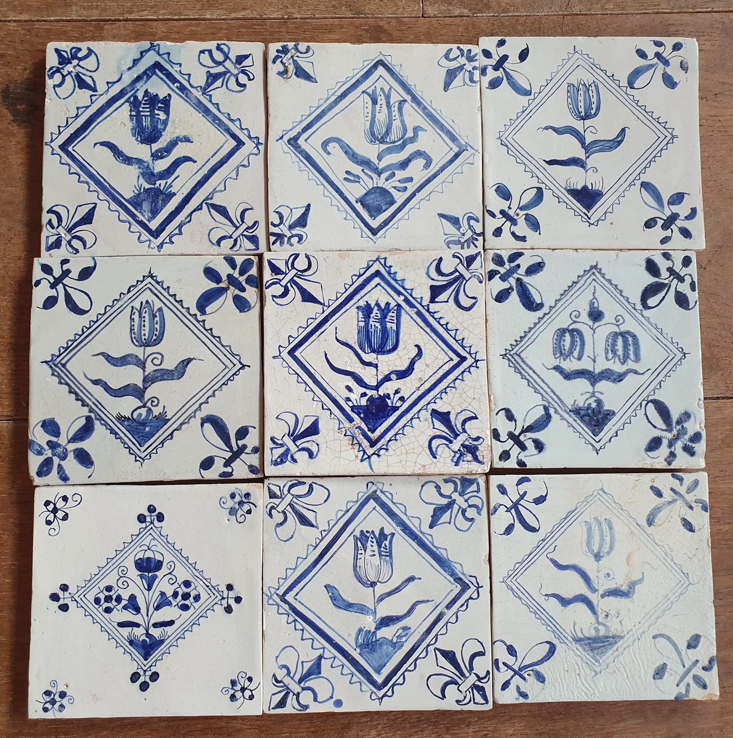 9 x Antique Delft flowers Tiles, 17th Century Dutch Wall Decor.