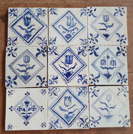 9 x Antique Delft flowers Tiles, 17th Century Dutch Wall Decor.