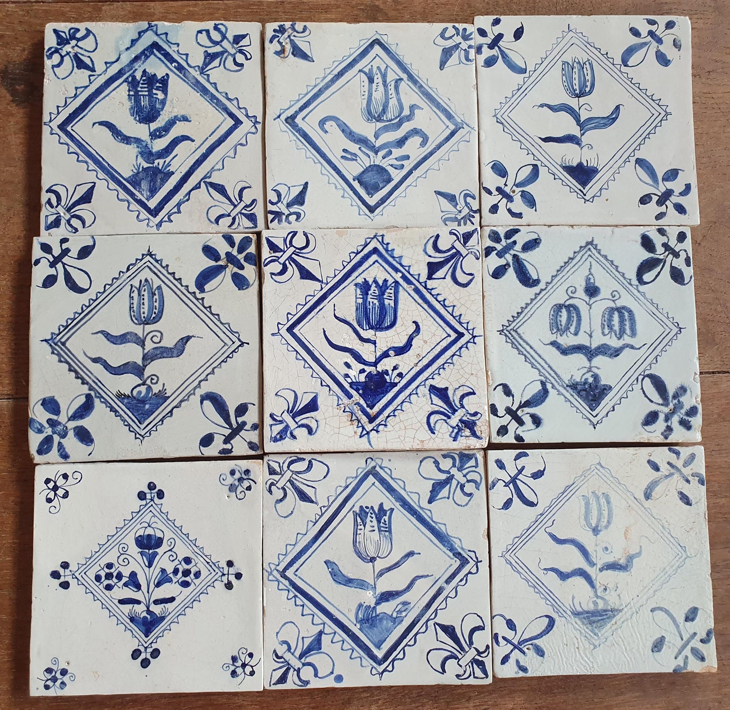 9 x Antique Delft flowers Tiles, 17th Century Dutch Wall Decor.
