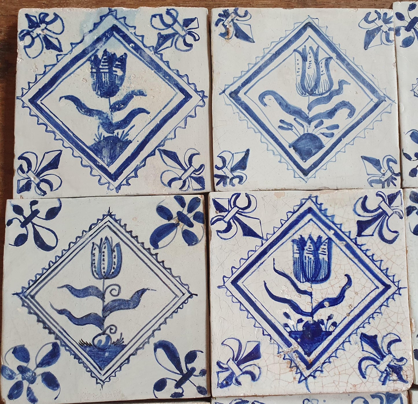 9 x Antique Delft flowers Tiles, 17th Century Dutch Wall Decor.