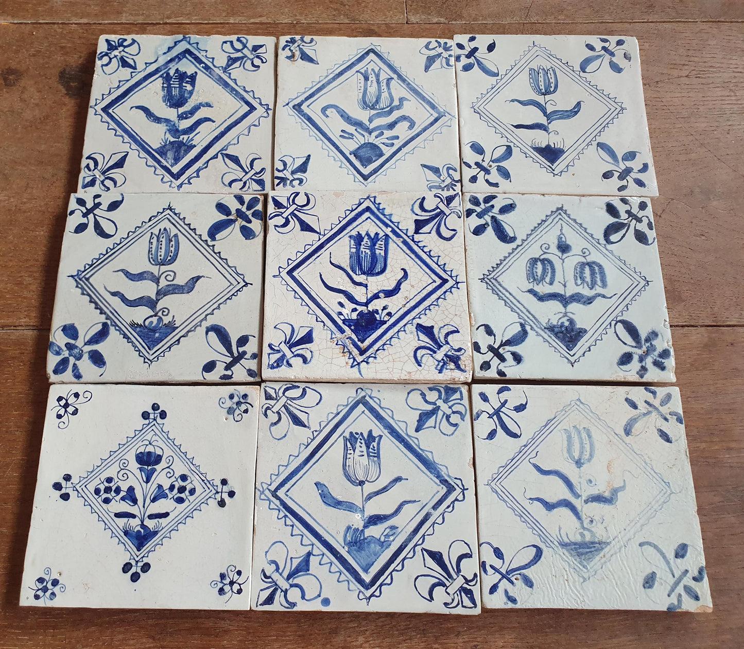 9 x Antique Delft flowers Tiles, 17th Century Dutch Wall Decor.