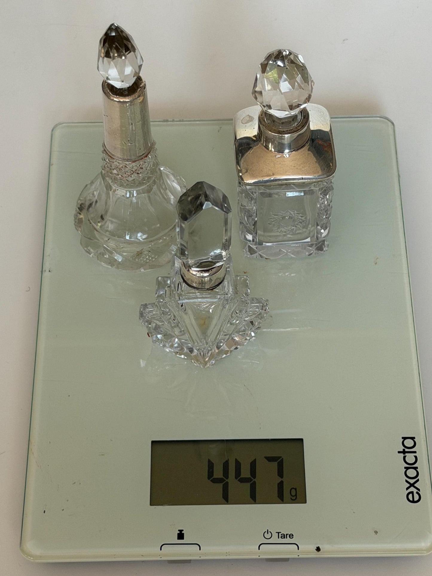 Antique Sterling Silver Crystal Vanity Set Edwardian Perfume Bottles Cut Glass Dressing Table Set, 3